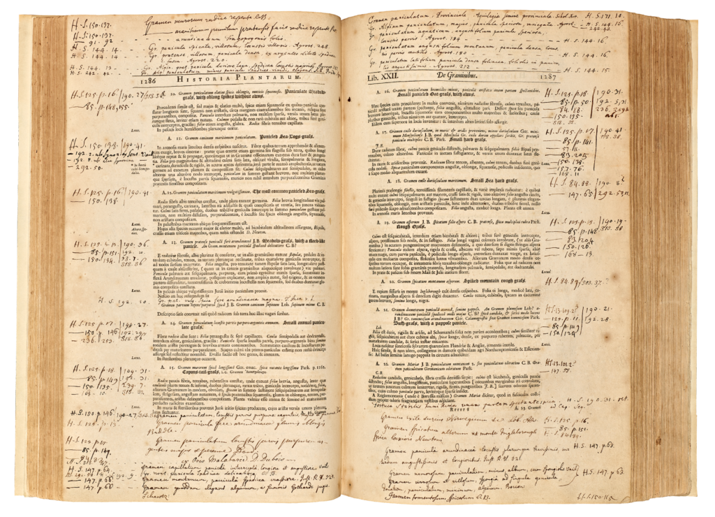 Sir Hans Sloane's catalogue "Historia Plantarum" appearing as an open book. The page margins are fully covered with handwritten annotations.