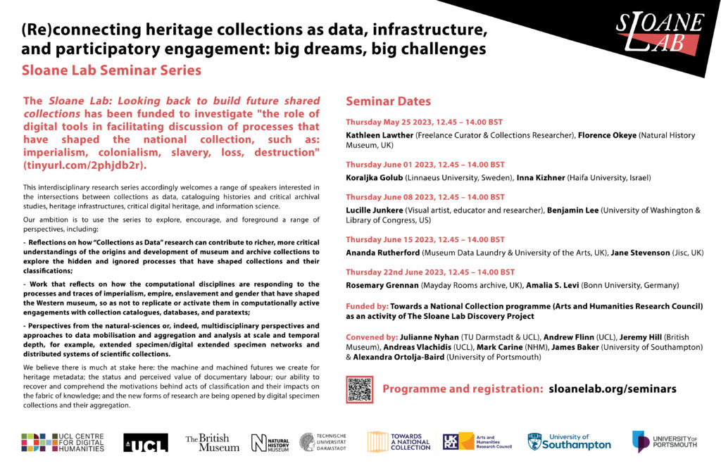 (Re)connecting heritage collections as data, infrastructure, and participatory engagement: big dreams, big challenges Sloane Lab Seminar Series poster