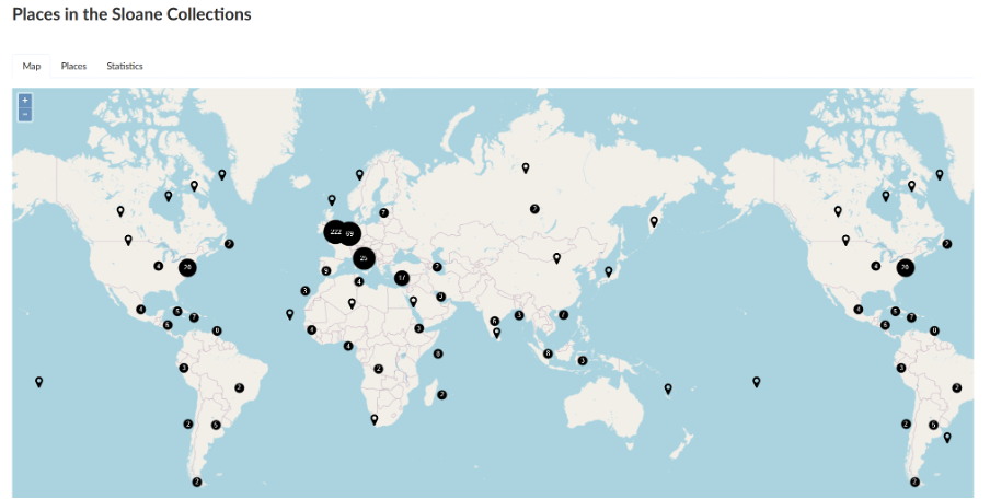 Visualisation of places in the Sloane Collection featuring featuring black dot marks on a world map