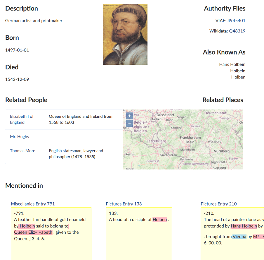 Snapshot of the Sloane Lab Knowledge Base demonstrating relationships between collection records, people and places. It features a portrait of Hans Holbein the Younger as well as mentions of his name in Sloane's historic manuscript catalogues.