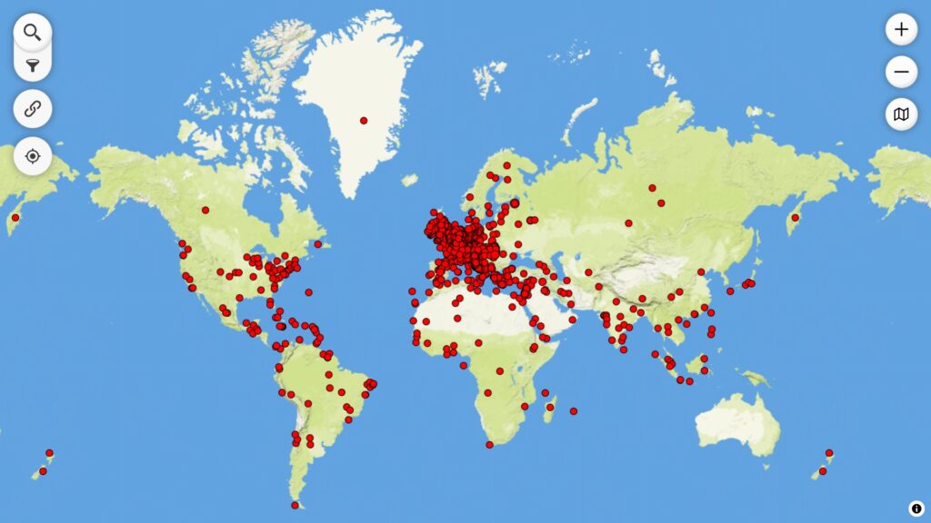 World map view with red dots covering all of Europe and the mediterranean, some over North and South America, around India and around the coast of Africa and a few more scattered in the rest of the world.