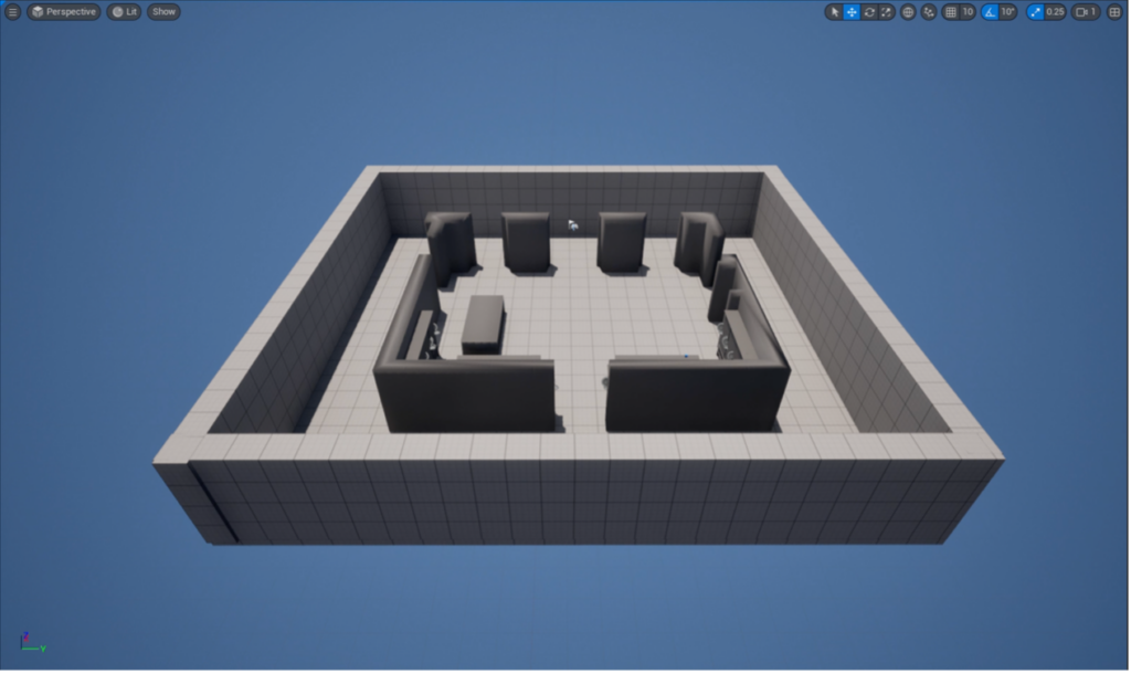 Light grey 3D model of a rectangular room on blue background. Inside the 3D room there appear to be some dark grey 3D models of cabinets.